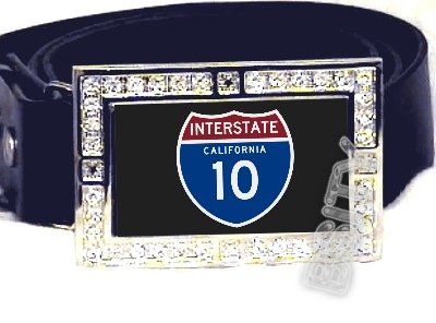 I-10 INTERSTATE 10 CALIFORNIA SHIELD SYMBOL CZ GLOW RHINESTONE BELT BUCKLE