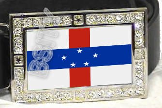 NETHERLANDS ANTILLE FLAG BLING ICED OUT CZ -FREE BELT- BUCKLE