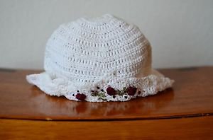 Girls 3 to 6 Months Knitted Crocheted White Hat w/ Rose Embroidery 100% Cotton