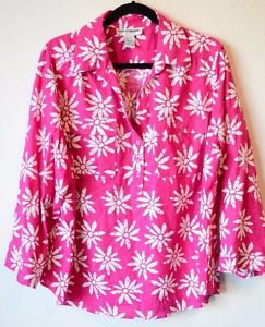 Cathy Daniels Pink Button Up Blouse Top 2X Linen Rayon Long Sleeve V Neck Plus