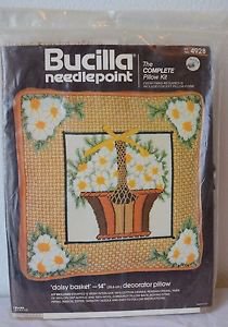 Vintage Bucilla Needle Point Kit 14" Daisy Basket Flower Complete Pillow Kit