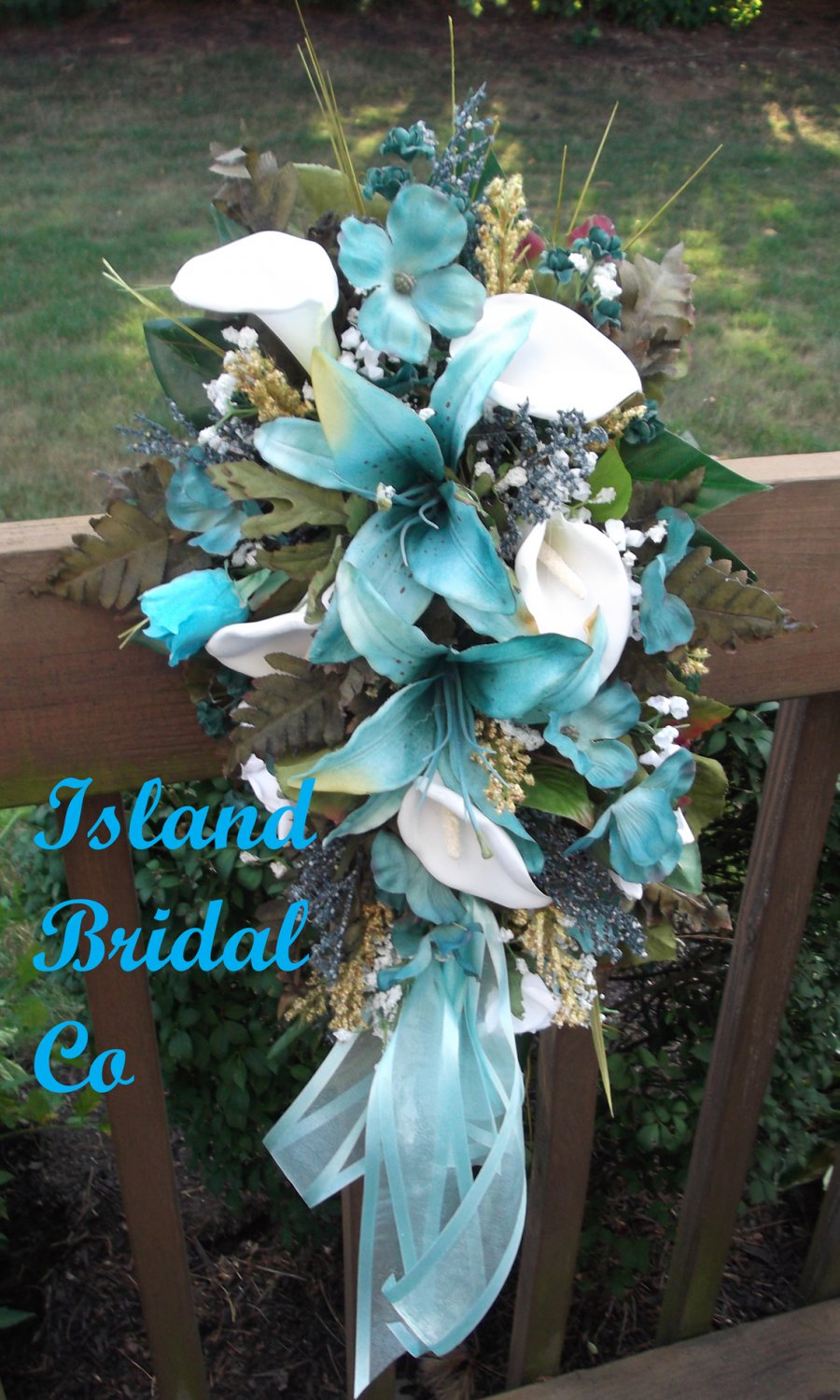 Silk Flower Wedding Bridal Bouquet Set Turquoise White Lilies 15 pc