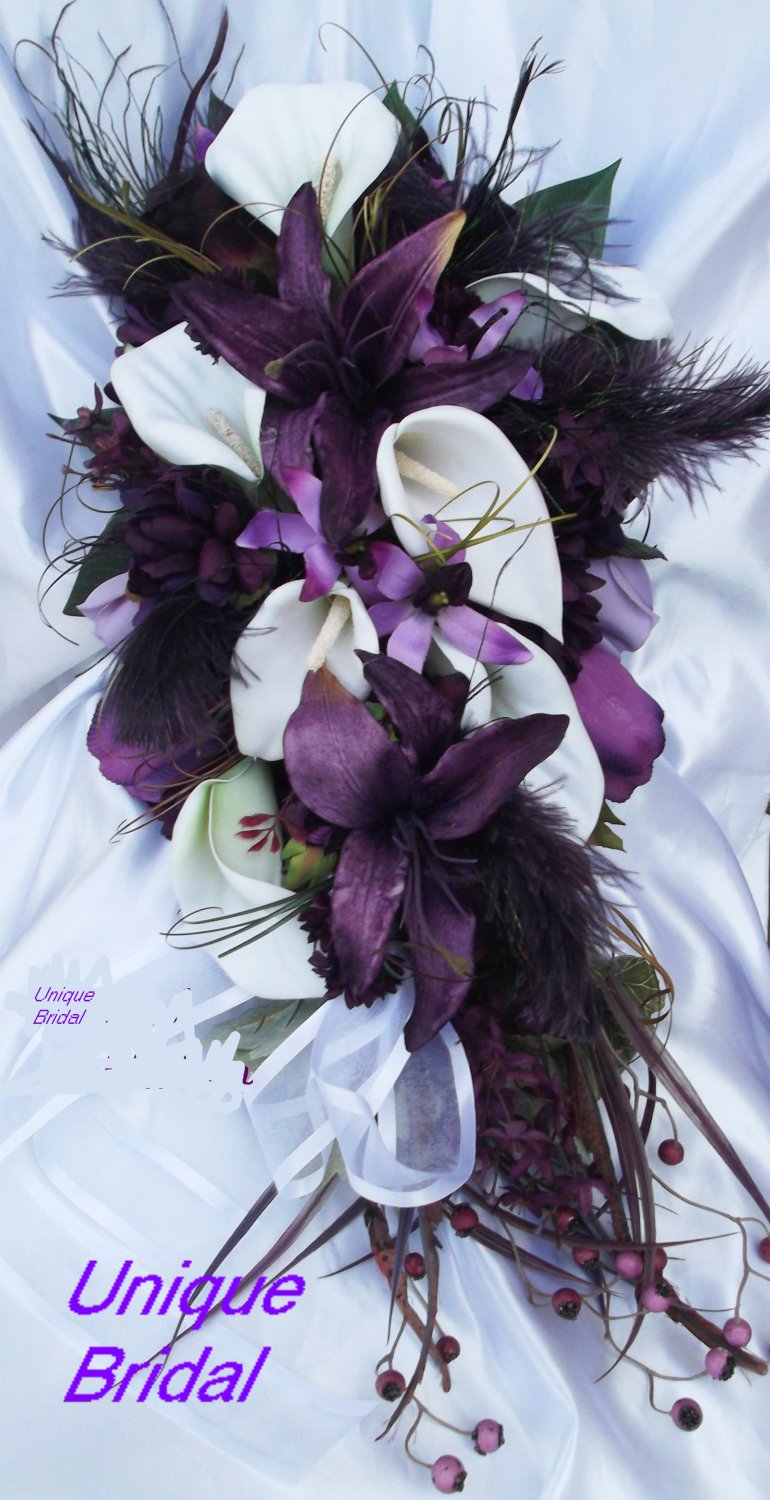 Silk Flower Wedding Bouquet Set, Deep Plum White Lilies Feathers 12 pc