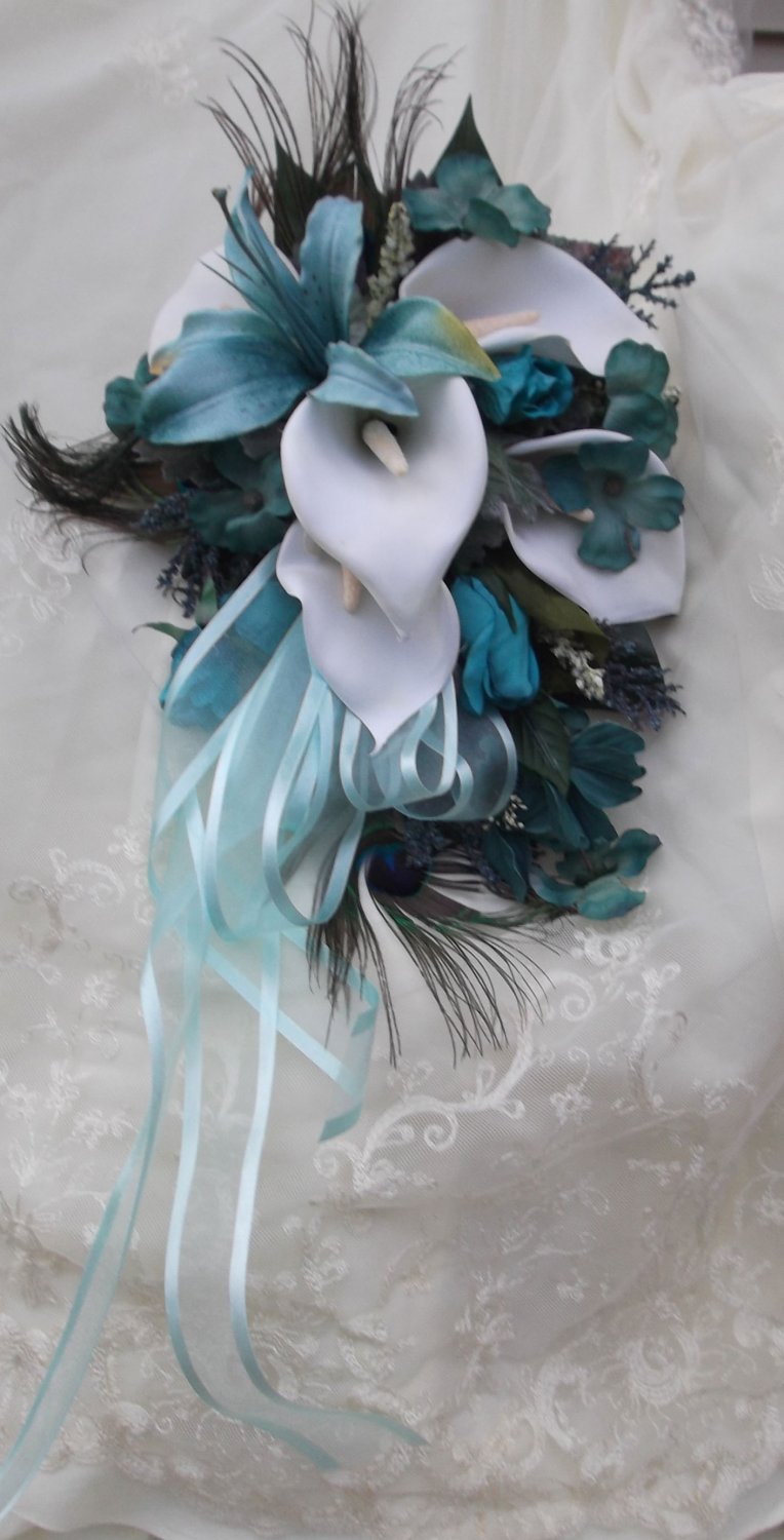 Silk Flower Wedding Bouquet Set Turquoise, White Lilies Feathers 12 pc set Custom Design