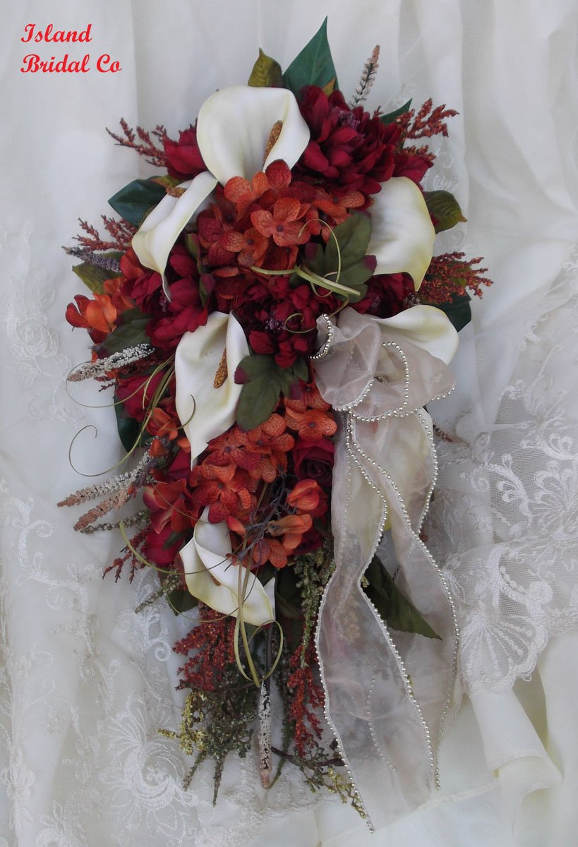 Silk Flower Wedding Bouquet Set Celtic Red 11pc set Custom Design