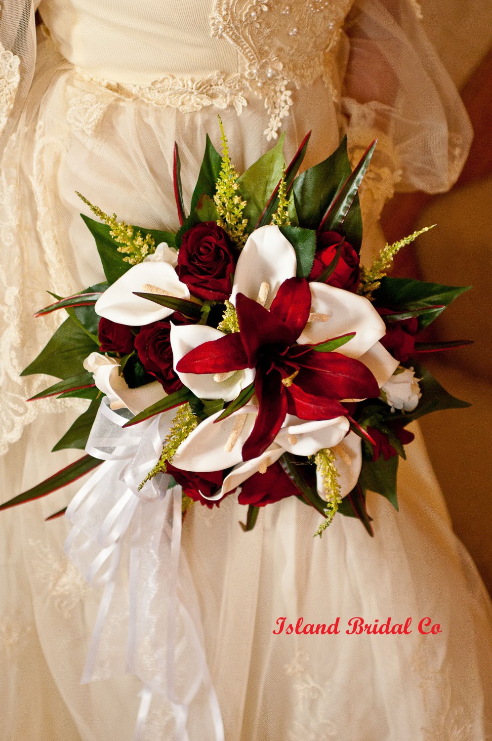Silk Flower Wedding Bouquet Set Celtic Red 12 pc Round Bouquet