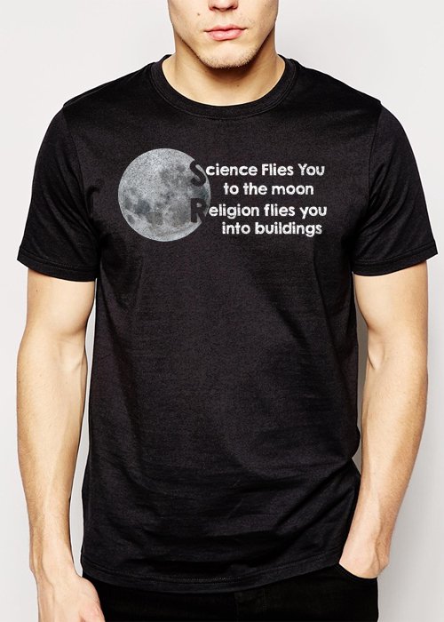 Best Buy Science Flies You to the moon Religion flies you into buildings Men Adult T-Shirt Sz S-2XL