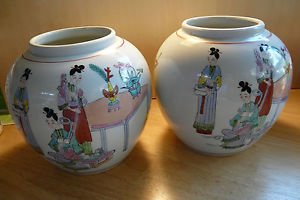 Pair Vintage Japan Ginger Jar Hand Painted Girls and Boys