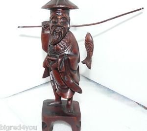 Chinese Vintage Art - Fisherman w/Fishing Pole - Wood Sculpture Figure post 1940