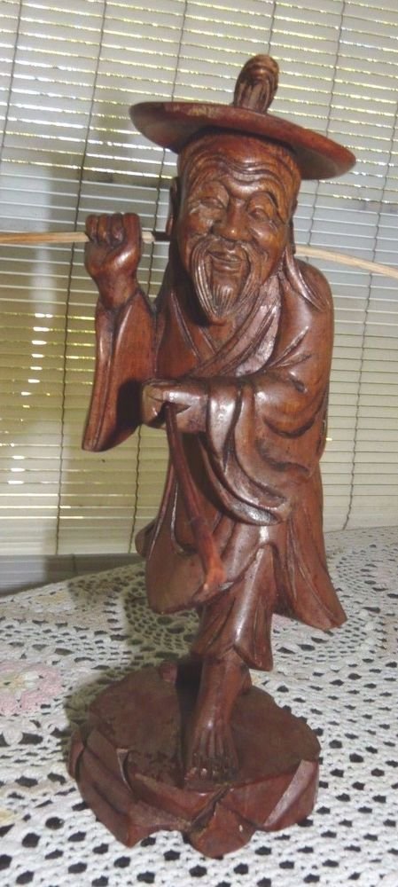 Vintage carved wood Chinese old man/fisherman;1900-1940