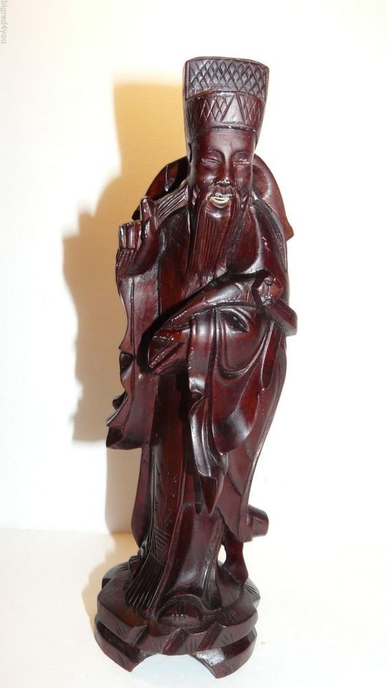 Vintage carved wood Chinese old man/scholar statue;1900-1940