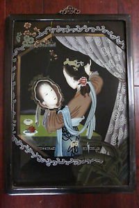 Antique Chinese Portrait Reverse~Eglomise Painting on Glass Young Girl-Mirror .