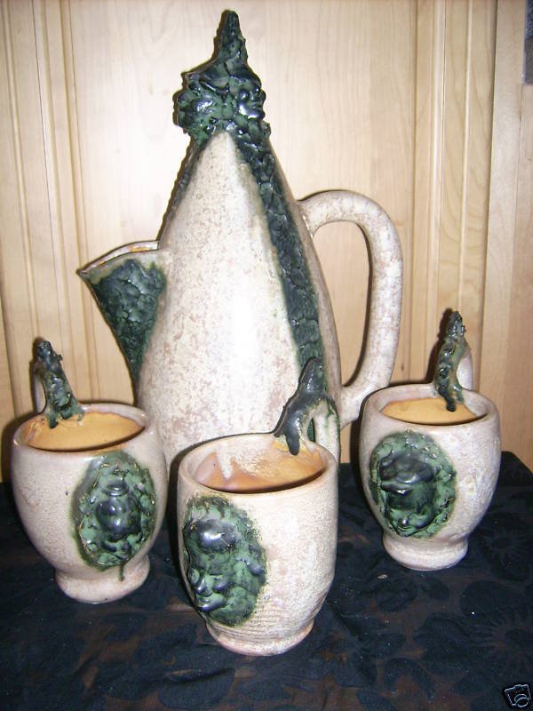 RARE Sculpture Brown Ceramic Pitcher & Mugs by Ernest Patris