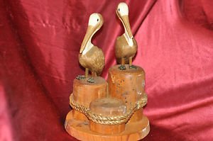 2 Pelicans Hand Carved Wood Sculpture Florida Rope bound Pilings 10" Tall 7" wid