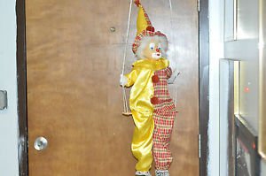 LARGE 23 INCH CLOWN DOLL WITH PORCELAIN HEAD ON SWING red and yellow outfit