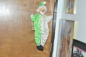 LARGE 23 INCH CLOWN DOLL WITH PORCELAIN HEAD ON SWING Green and White Outfit