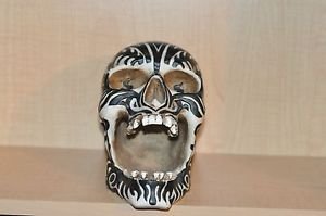 HEAD HUNTER ANCESTRAL HUMAN TROPHY RESIN SKULL ZEBRA STRIPED
