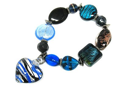 Murano Blue Glass heart Charm Bracelet
