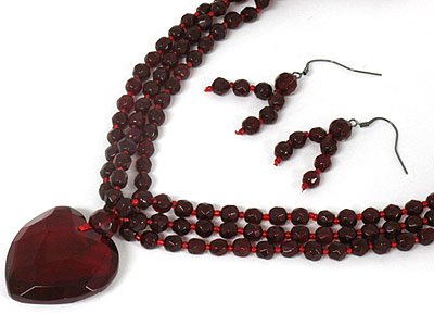 Gorgeous Red Glass Bead and Heart Triple Row Necklace and Earring Set