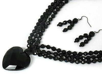 Gorgeous Black Glass Bead and Heart Triple Row Necklace and Earring Set