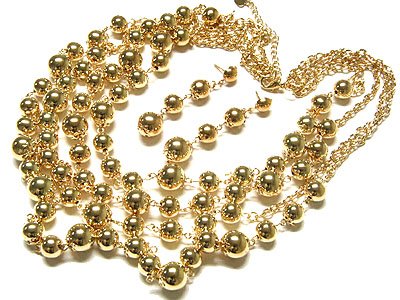 Multi Strand Gold Ball Necklace and earring Set