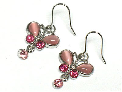 Cute Pink Crystal Cats eye Butterfly Earrings