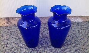 2 Cobalt Blue glass vases antique vintage