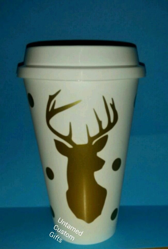 Buck Doe Coffee plastic Travel Mug - 16 oz lightweight Plastic - White N Gold
