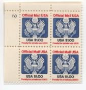 US Scott #O132 - $1 Official Mail plate block MNH