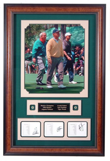 TIGER WOODS - JACK NICKLAUS - ARNOLD PALMER AUTOGRAPHED MASTERS COLLAGE