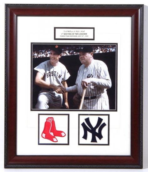 TED WILLIAMS AND BABE RUTH CUSTOM FRAMED 2-PATCH COLLAGE