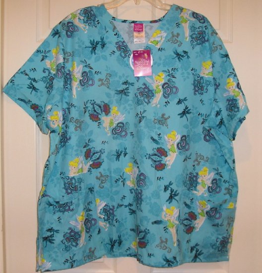 New Womens Scrubs Nursing Top Disney Tinkerbelle 2X Scrub Top