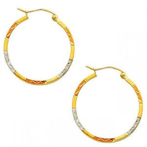 14K Real Tri Color Rose Yellow White Gold Hoops Round Earrings 2X25mm