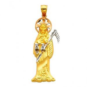 14k Multi Tone Tri Gold Grim Reaper Death Santa Muerte Skeleton Charm Pendant
