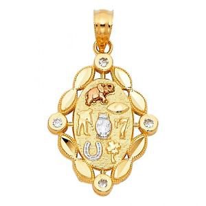 14k Gold Good Luck Evil Eye Nazar Elephant Owl Horseshoe Clover Seven Pendant