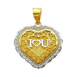 14k Two-Tone Filigree I Love 3 You Heart Shape Design Charm Pendant