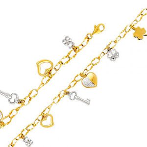14K Two Tone Gold Designer Link Bracelet w/Teddy Hearts Key & Clovers