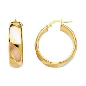 14k Multi Tone Gold Fancy Designer Diamond Cut Hollow Light Hoop Earrings - 8 mm