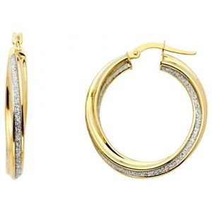 14k Two Tone Gold Fancy Designer Hollow Light Sparkle Center Twist Hoop Earrings