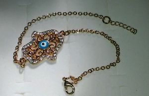 14k Yellow Gold Plated Hamsa Nazar Evil Eye Good Luck Designer Bracelet Crystals