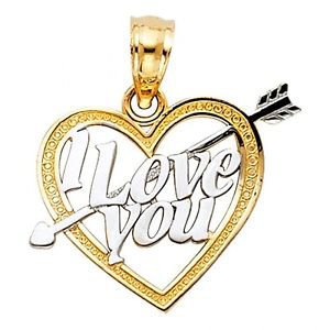 14k Yellow Gold Fancy Designer I Love 3 You Heart and Arrow Cupid Charm Pendant