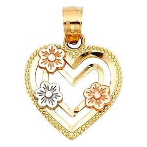 14k Multi Tone Gold Diamond Cut Flower Love Heart Shape Designer Charm Pendant