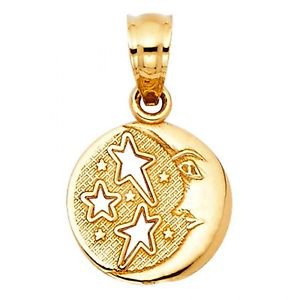 14k Yellow Gold Fancy Designer Moon and Star Diamond Cut Textured Charm Pendant
