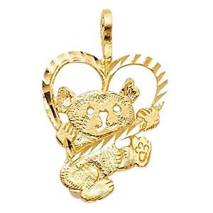 14k Yellow Gold Fancy Designer Bear Carrying Heart Charm Pendant
