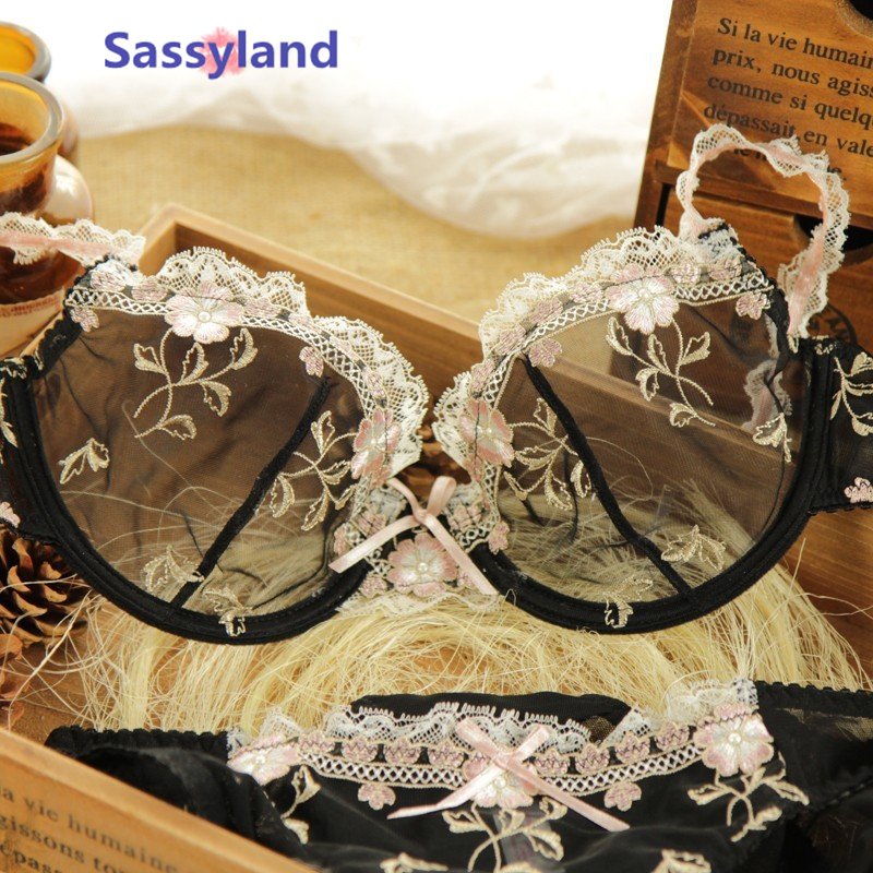 Women's transparent Sexy lace gauze embroidery Ultra-thin Push up Bra Sets sleepwear lover gift