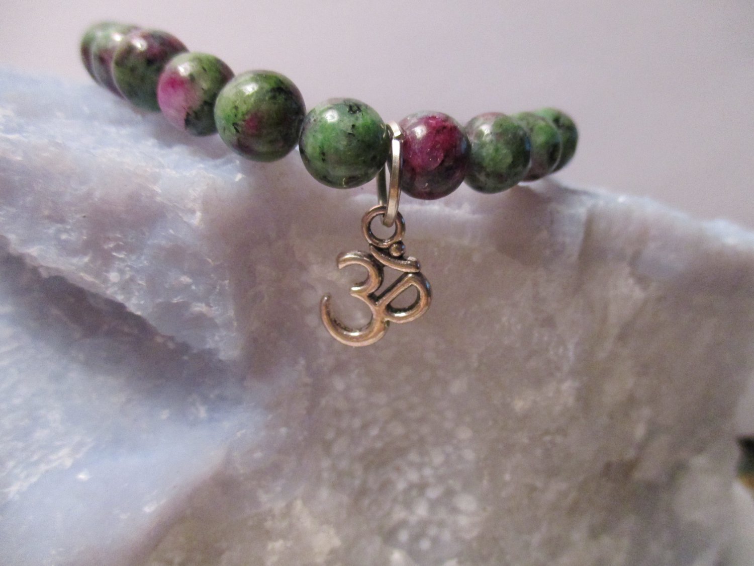 8mm Ruby Zoisite semi-precious gemstone healing bracelet- OM charm