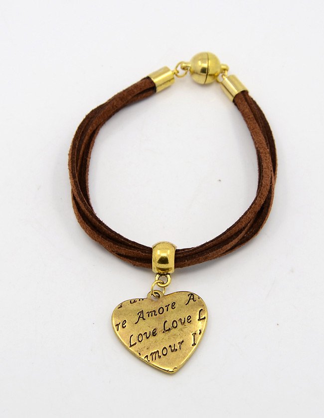 Gold Heart Leather Charm Bracelet