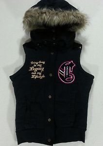 COOGI Gold Full Zip Embroidered Patch Black Fur Detachable HOOD VEST - M Medium