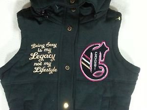 COOGI Women's Gold Embroidered Patch Black Faux Fur Detachable Hood Ski Vest - M
