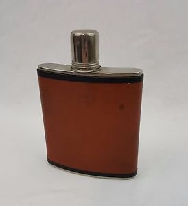 Vintage AHS Germany Tin Lined 6 Oz Flask - Echtes Leder Brown Leather Bound